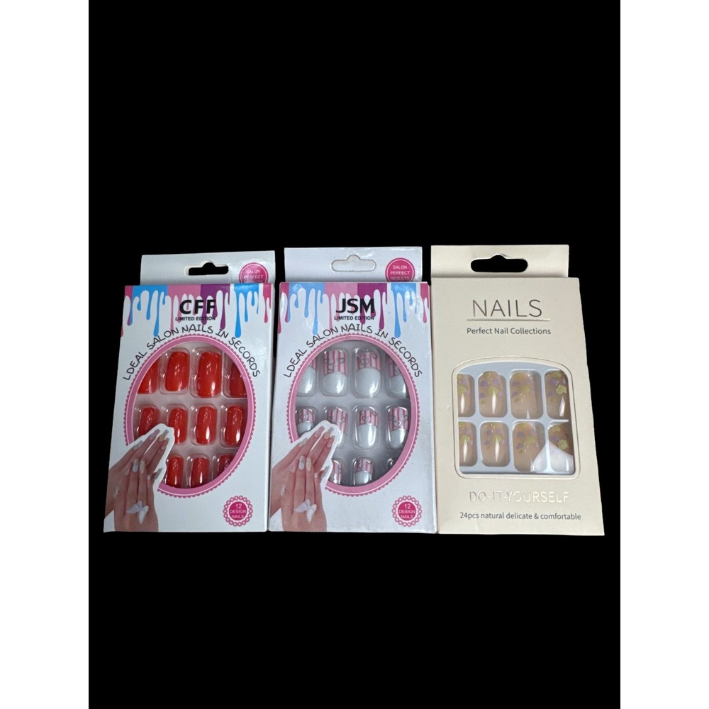 Press On False Nails Bundle Lot of 3 Glossy Floral French Tip New Manicure Chic